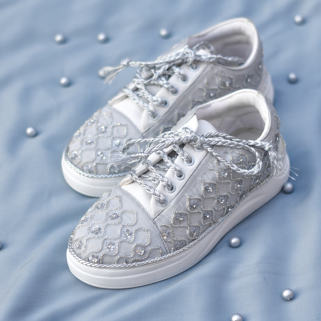 Trendy silver sneakers for sangeet functions and wedding ceremonies