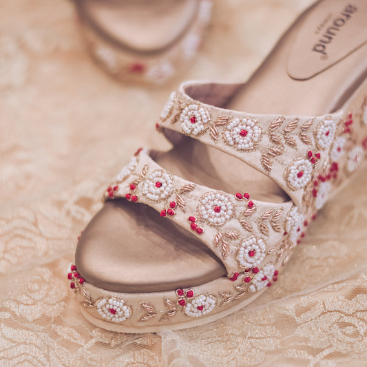 Unique eye strap wedge heels for bride