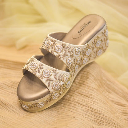 Embellished hand work golden platform heels