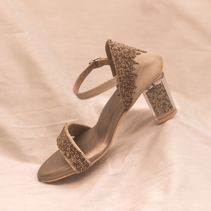 Transparent heel sandals in brown and antique golden