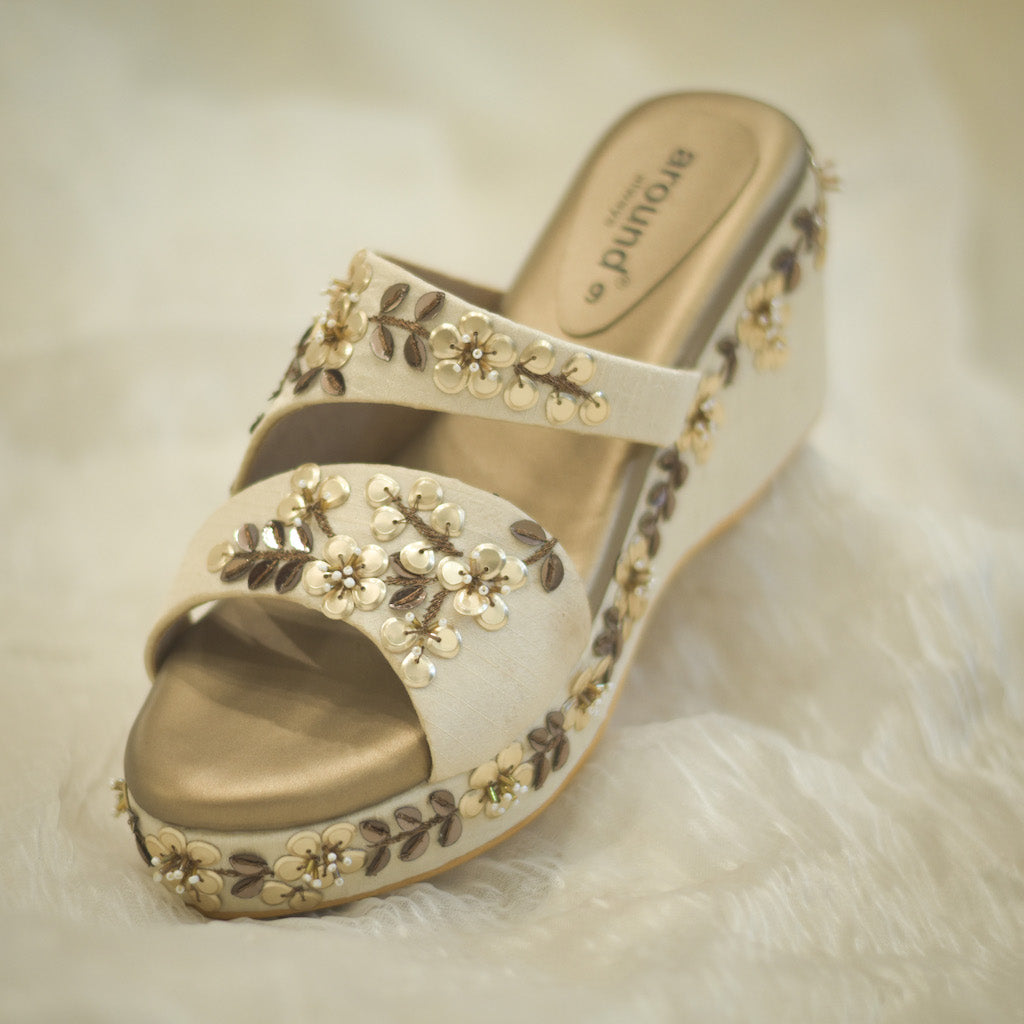 Golden Bridal Wedges with beads 3D embroidery