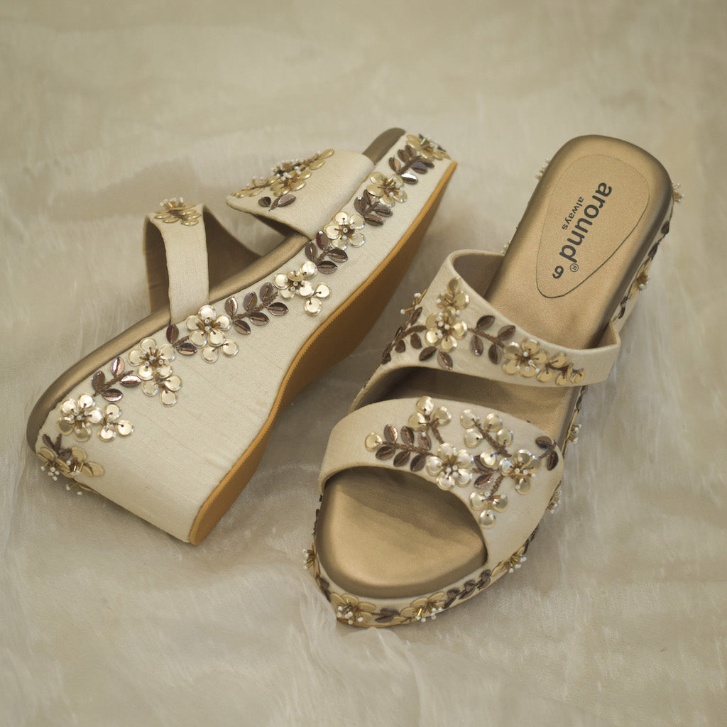 Golden on golden tone on tone shoes for brides and bridesmaids