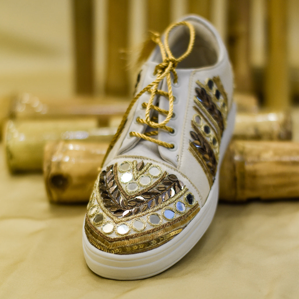 Trendy golden sneakers with mirror work for bridesmaids