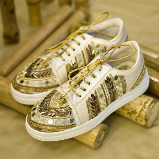 Golden mirror work wedding sneakers for brides