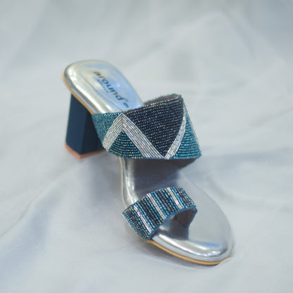 Silver and blue chappals with thumb grip for women