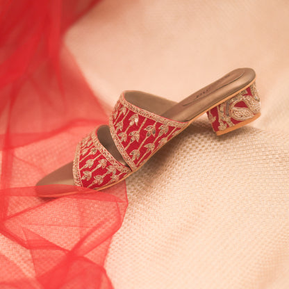 Block heels with premium handembroidery for red bridal lehenga
