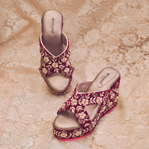 Sion Wedges Bridal Heels in Velvet with Zardozi Handwork