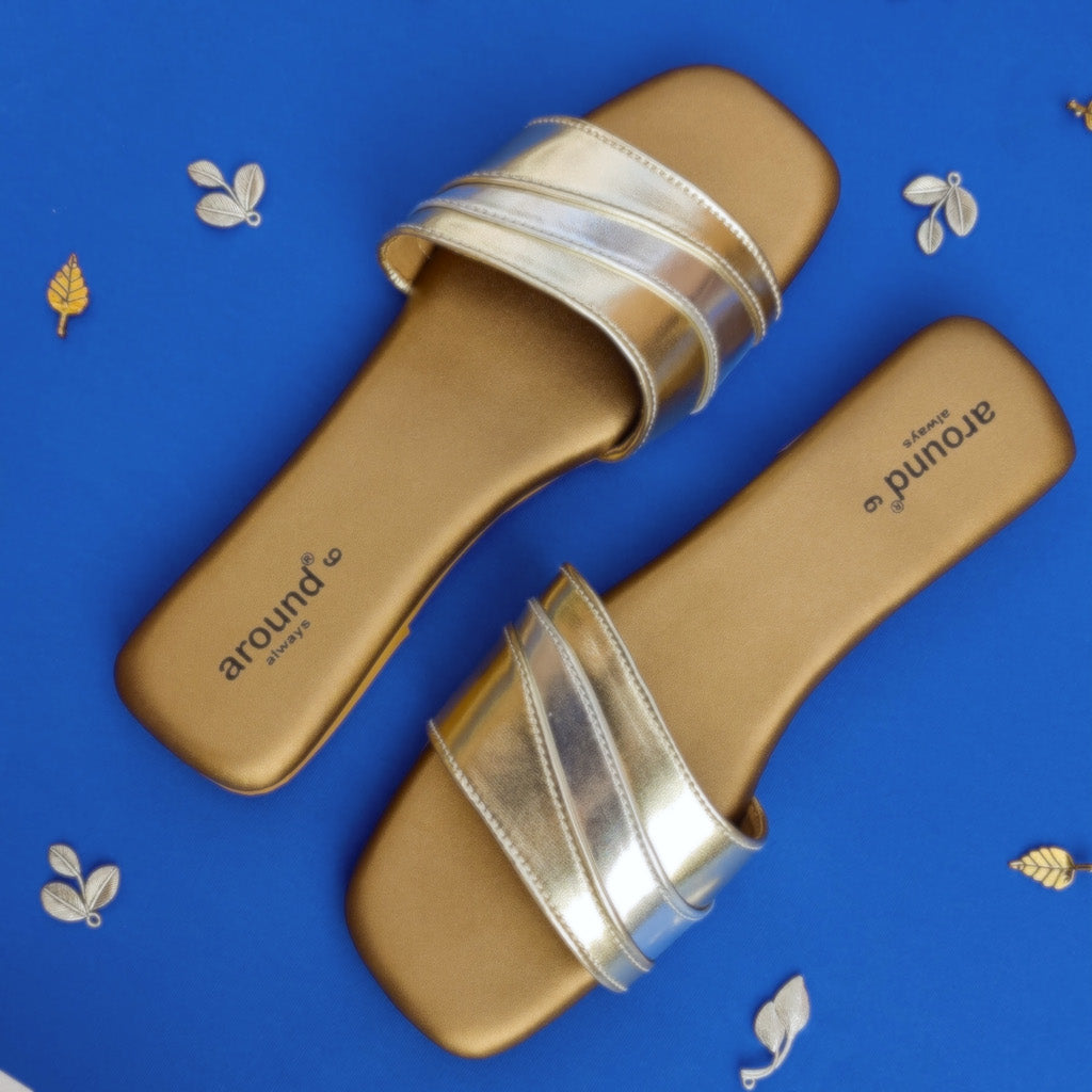 Lightweight golden and silver casual sliders footwear